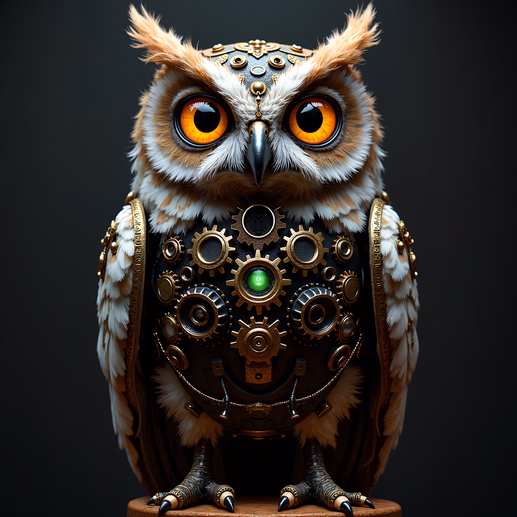 Steampunk owl with mechanical gears, dark background, and piercing eyes.