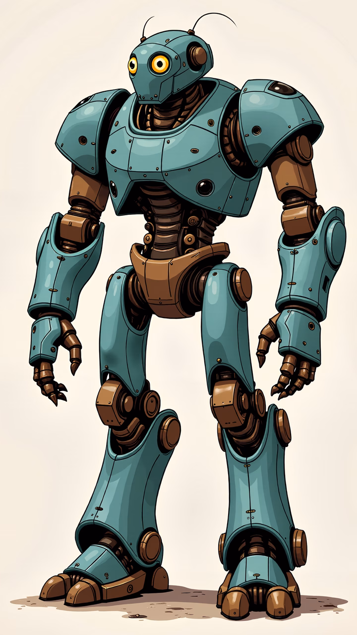 Detailed steampunk robot with teal and copper accents, blending mechanical and Victorian elements.