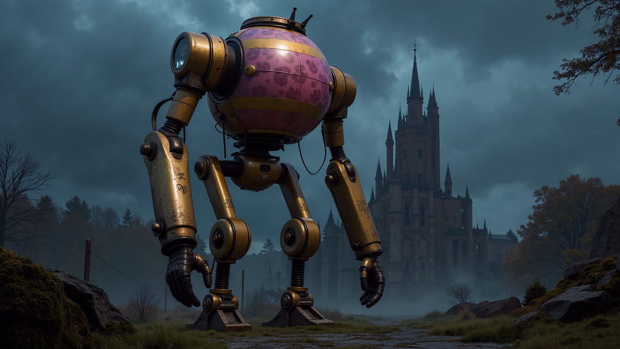Steampunk robot amidst gothic cathedral in a foggy landscape.