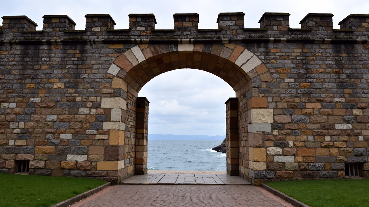 Stone archway overlooking the sea under an overcast sky.