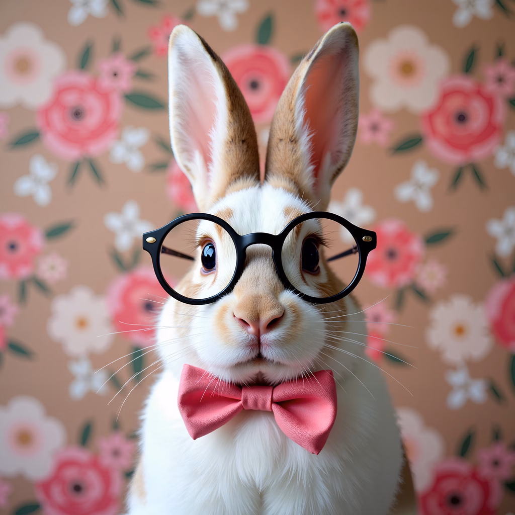 A stylishly dressed rabbit in a pink bow tie and black glasses against a floral backdrop.