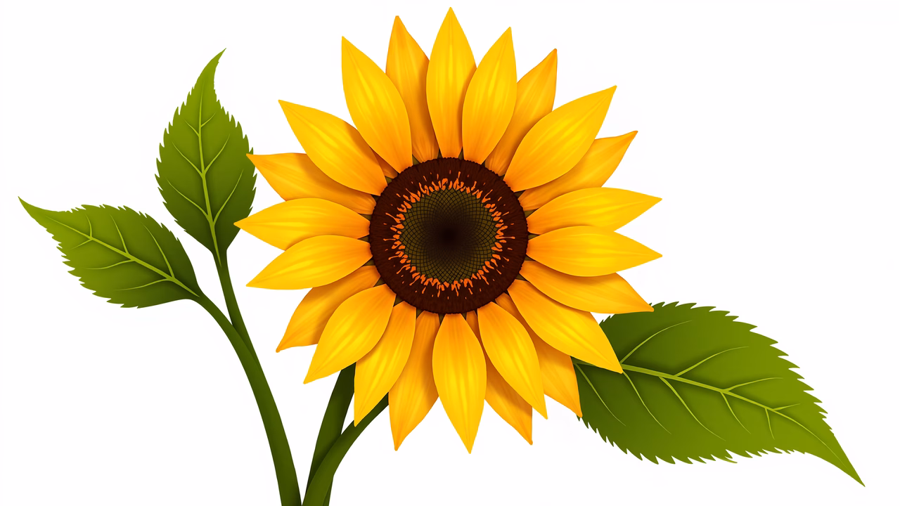 Bright yellow sunflower with detailed petals and green leaves, symbolizing joy and vitality.