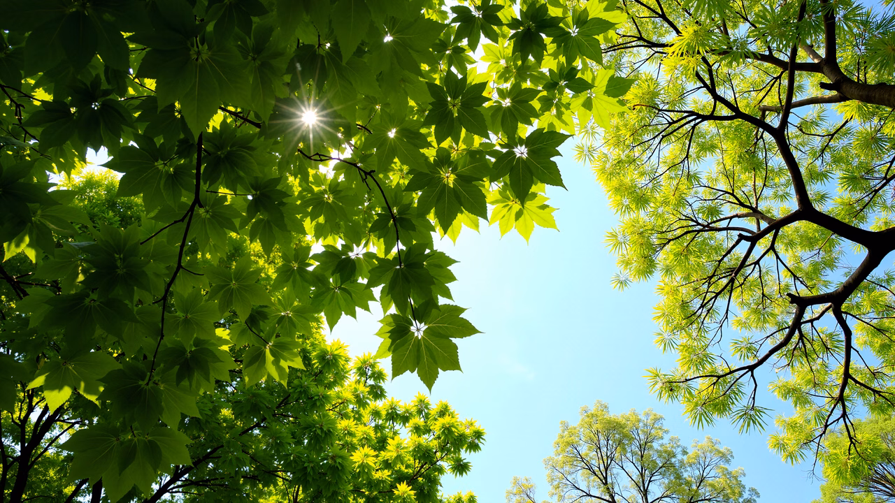 Bright sunbeams through lush green leaves against a clear blue sky.