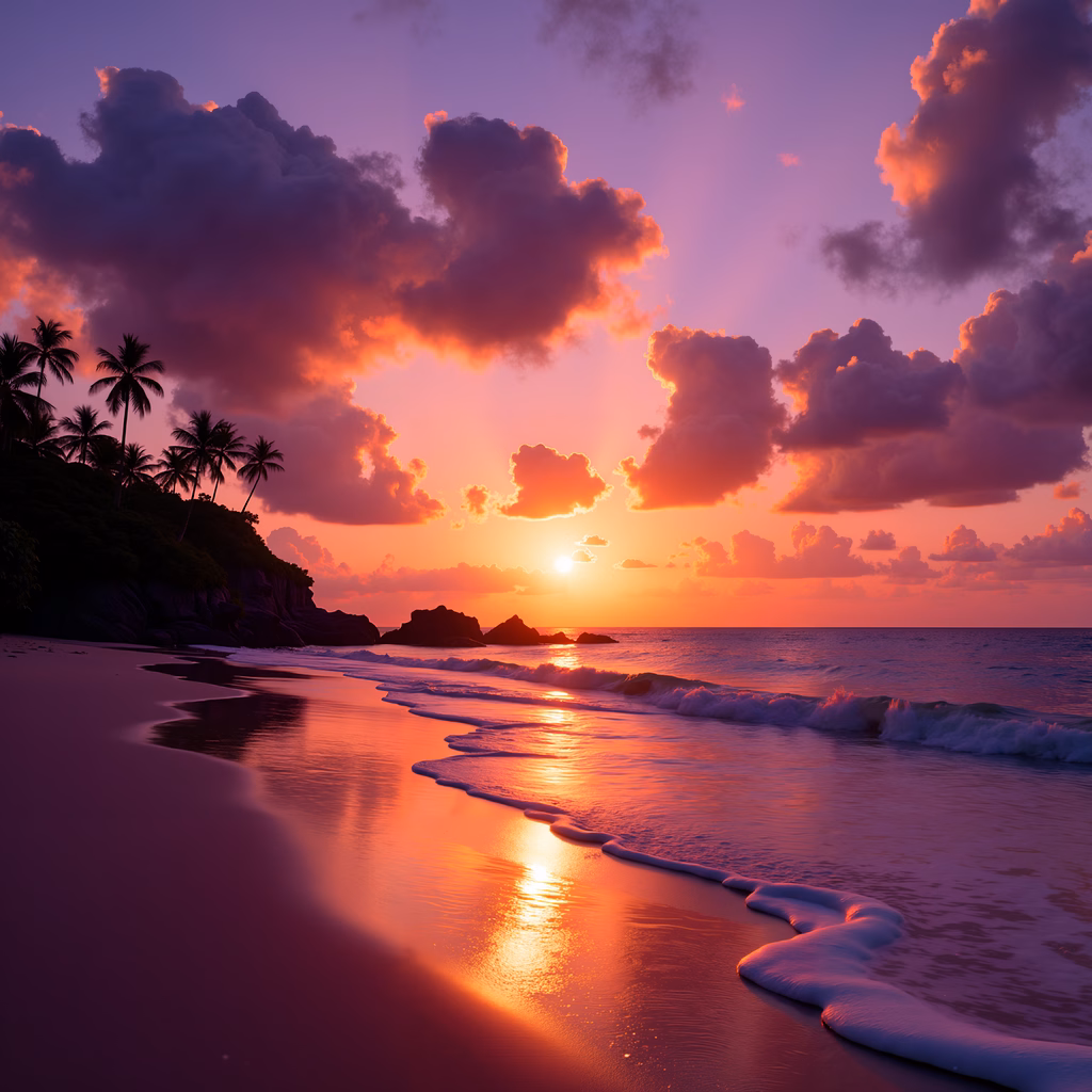 A tranquil sunset beach scene with vibrant colors and palm trees silhouettes.