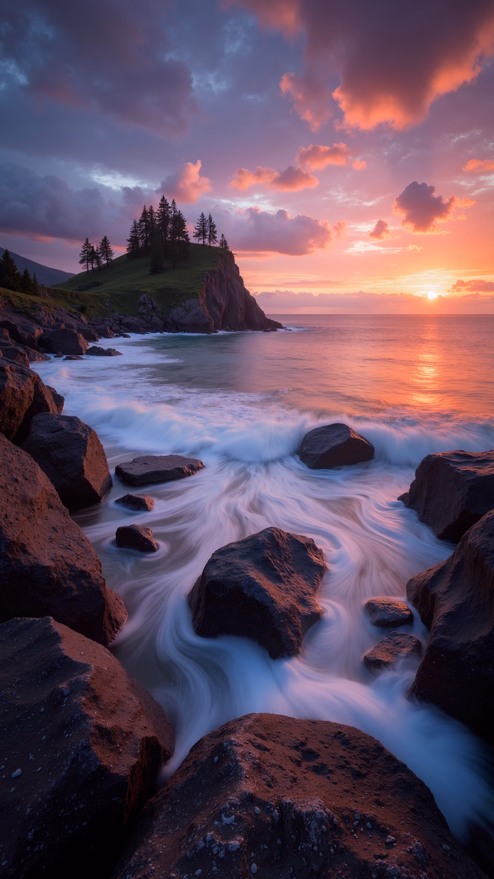 A stunning sunset over a rocky coastline, capturing the serene beauty of nature.