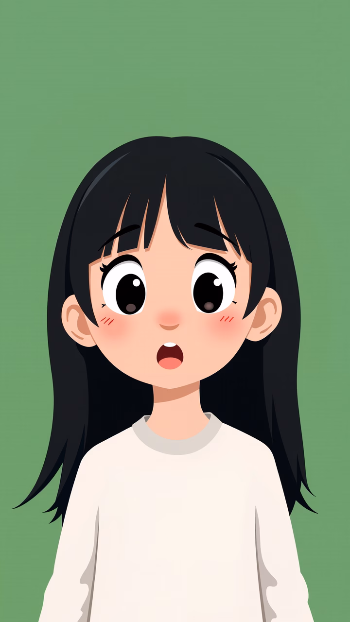 A surprised girl with large eyes and rosy cheeks, wearing a white shirt against a muted green background.