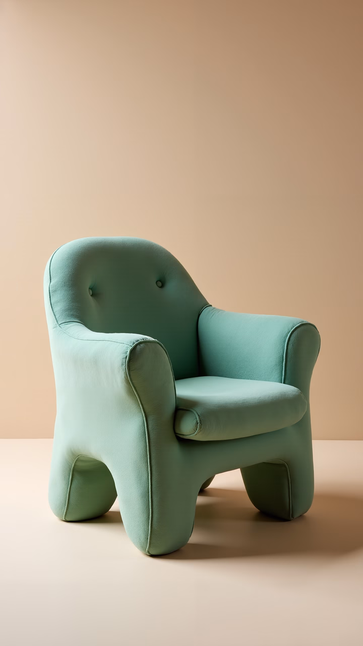 Modern teal armchair with button-tufted backrest and curved design.