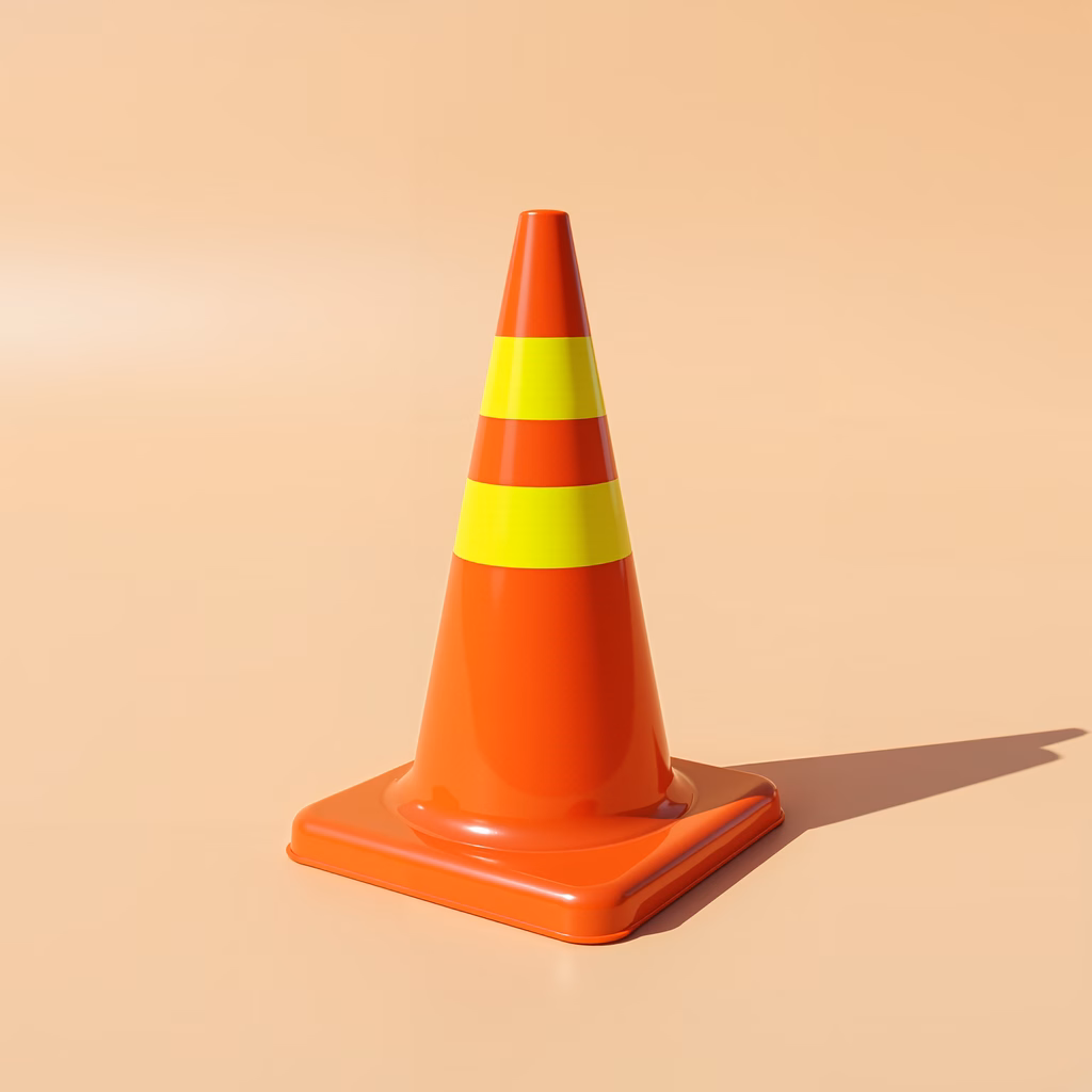 Bright orange traffic cone with yellow stripes on a neutral background.