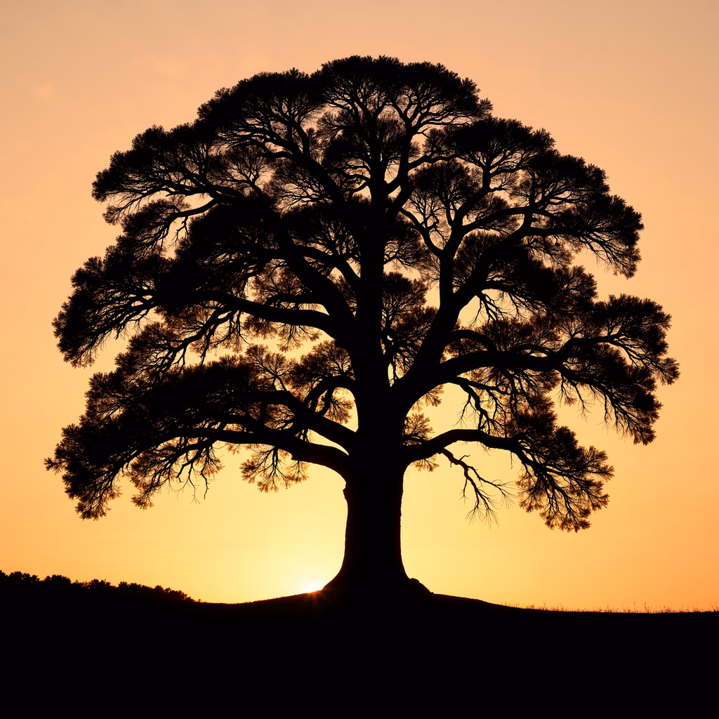 Silhouette of a tree at sunset, capturing the essence of tranquility and natural beauty.