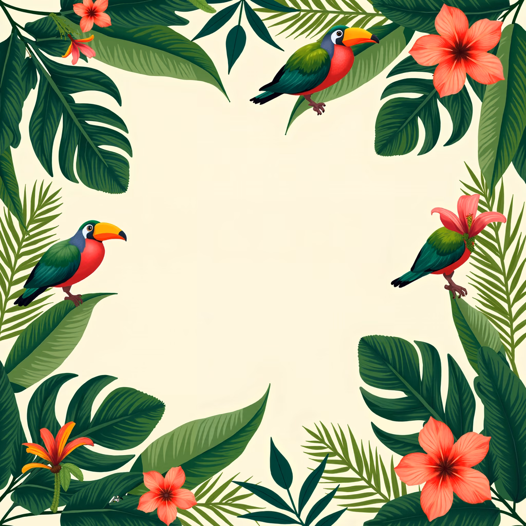 Vibrant tropical birds amidst lush foliage in a nature-inspired illustration.