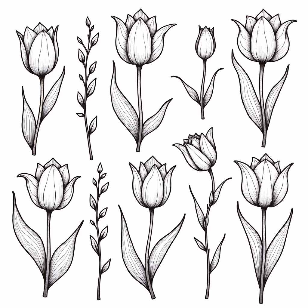 Detailed black-and-white illustration of tulips in various stages of bloom.