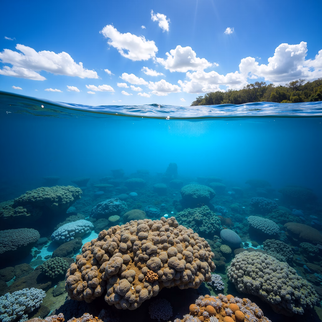A stunning underwater view of a coral reef with clear skies above.