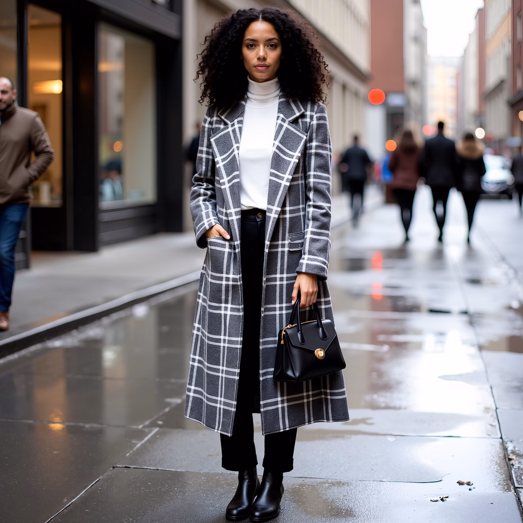 Urban chic plaid coat in a wet cityscape.