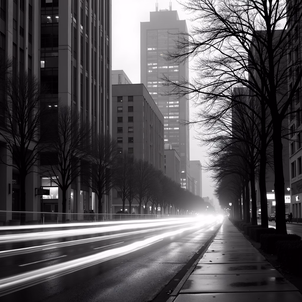 Black-and-white urban night scene with blurred car lights and bare trees.