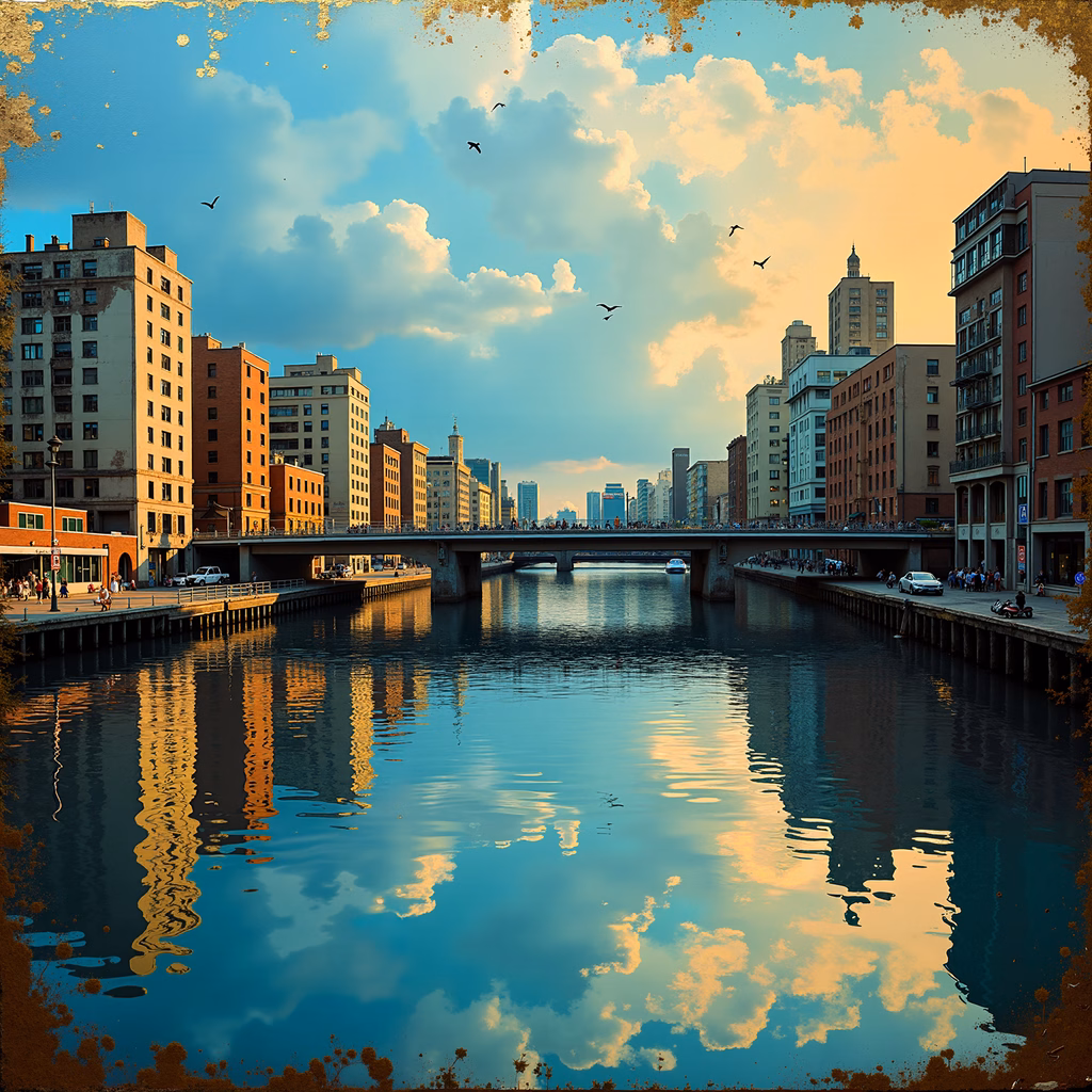 A tranquil urban landscape with reflections and a serene atmosphere.