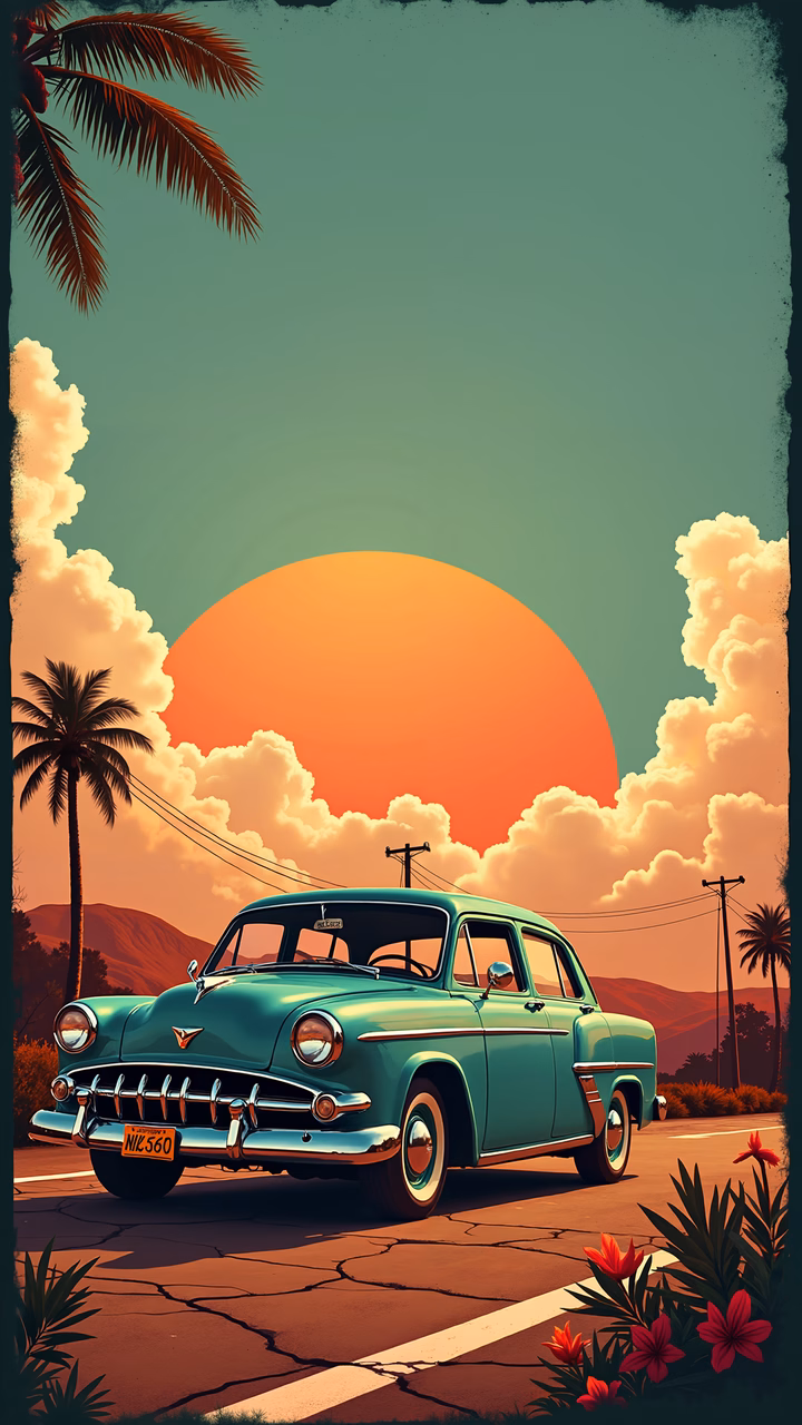 Classic car driving into a stunning sunset, evoking nostalgia and adventure.