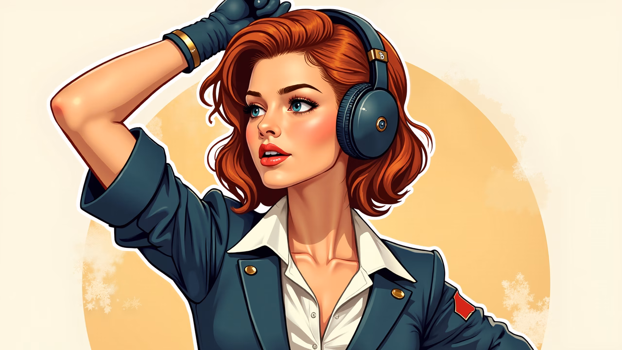 Vintage-inspired pin-up illustration of a stylish woman listening to music.