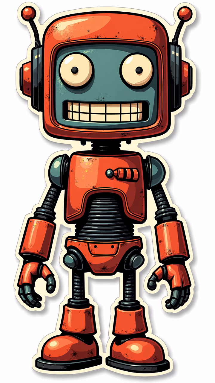 A charming retro robot with a big smile and glossy finish.