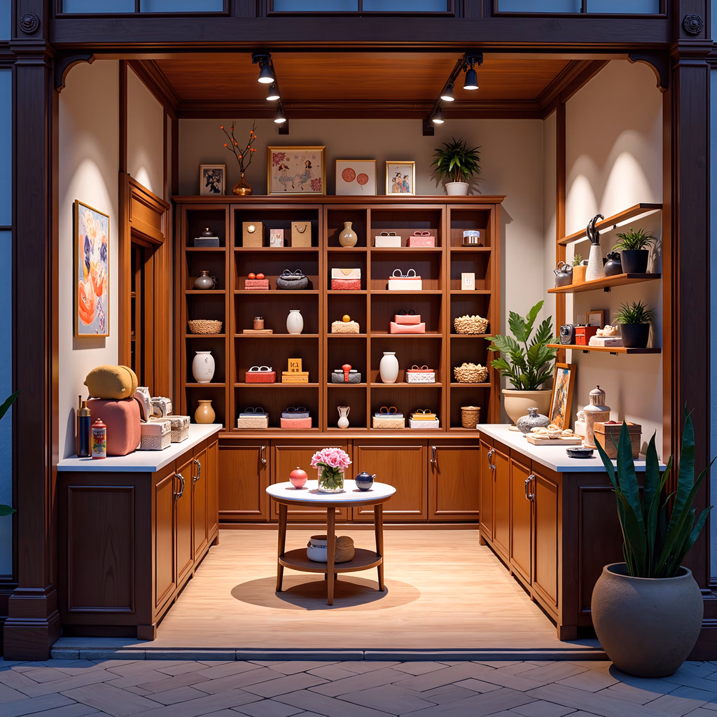 Vintage shop with wooden shelves and warm lighting, showcasing decorative items and a pink flower arrangement.