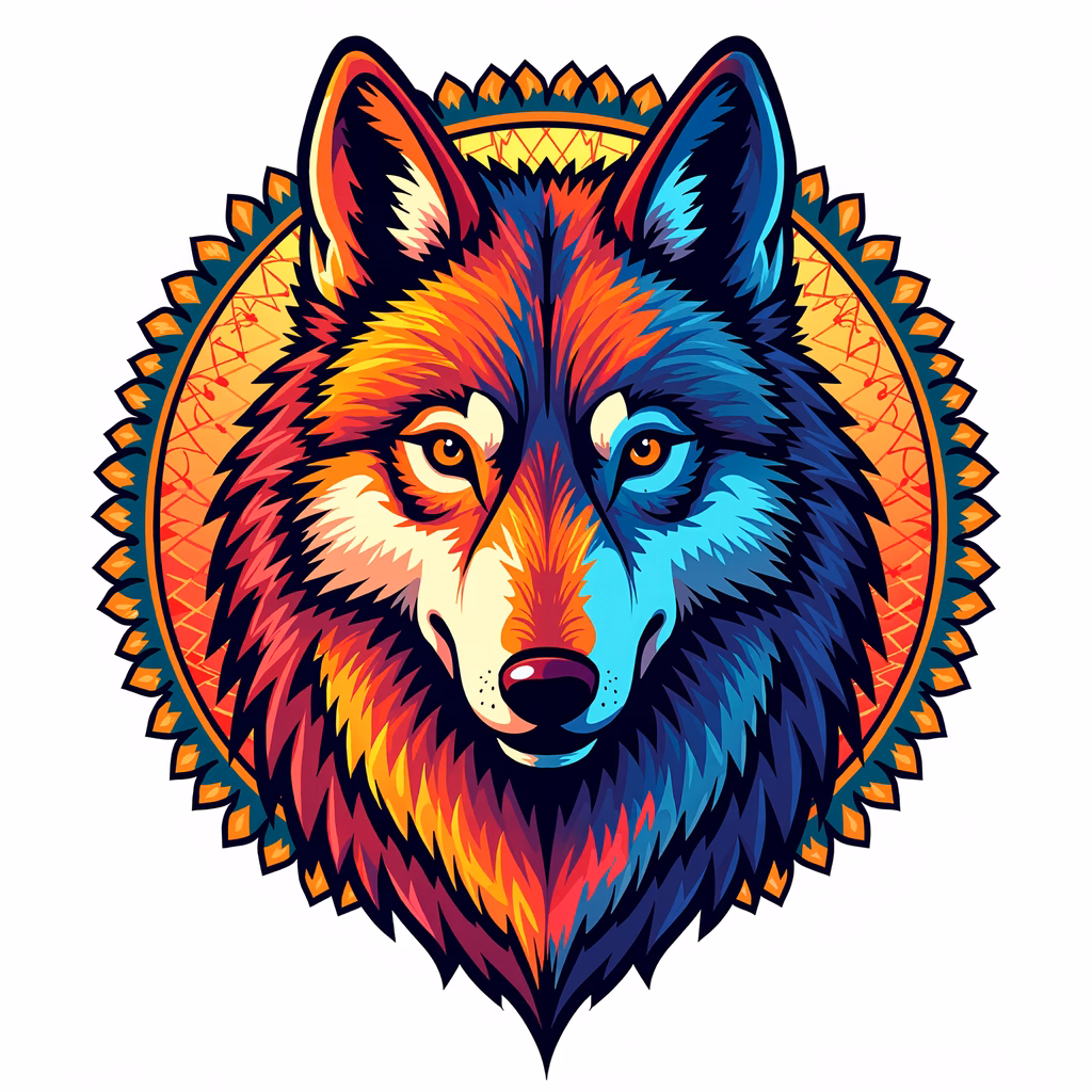 Vibrant wolf portrait with bold colors and sharp lines, symbolizing strength and energy.