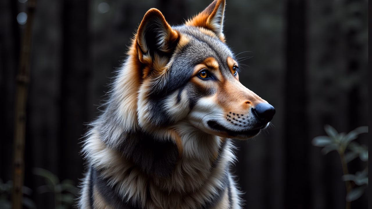 Detailed illustration of a wolf in a forest setting, highlighting its expressive eyes and rich fur colors.