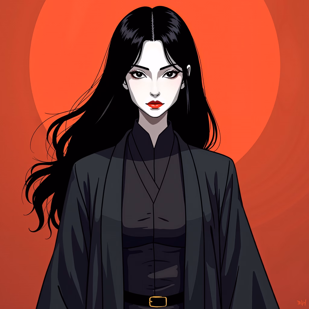 A woman in a black kimono with a bold red background, showcasing elegance and mystery.