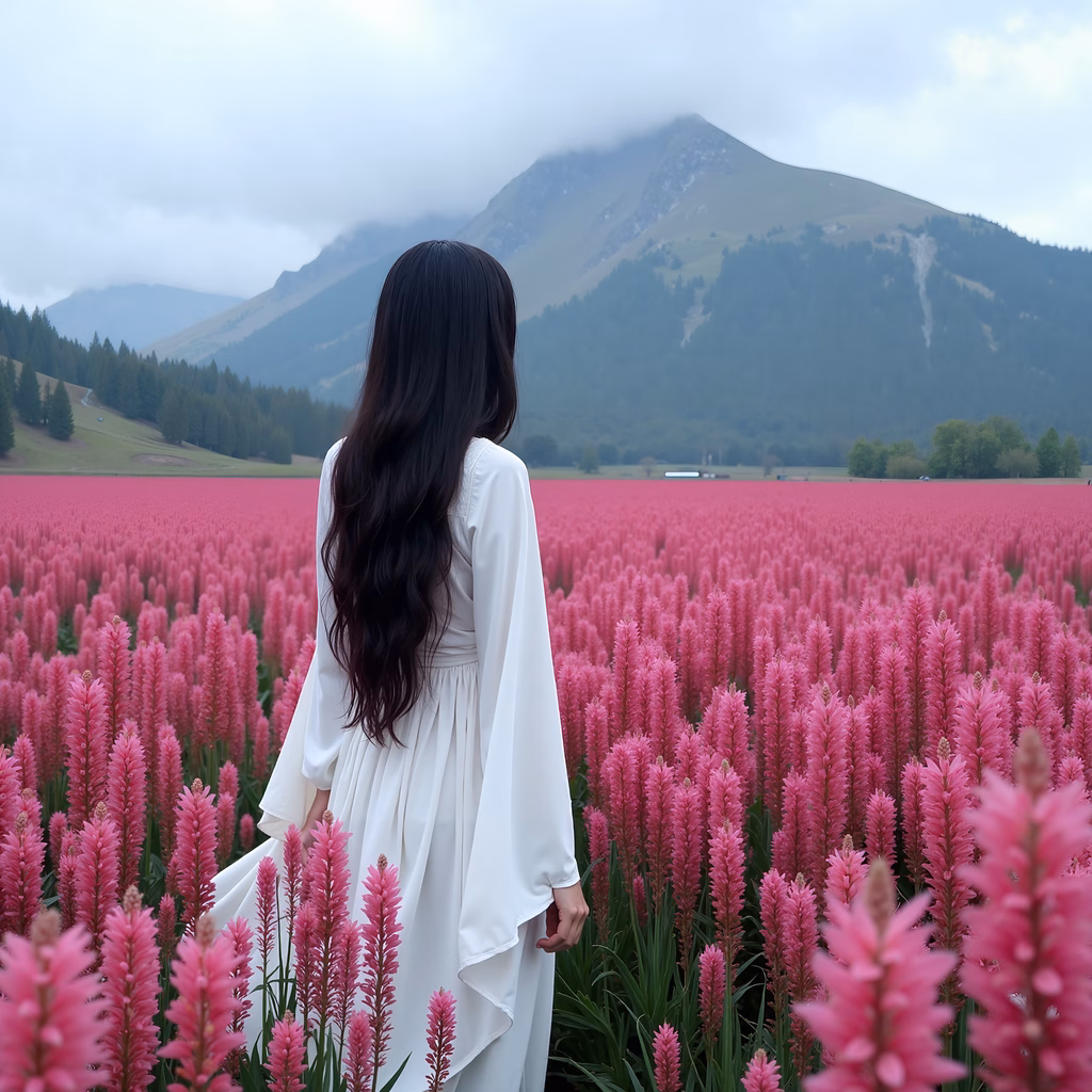 Woman in white dress amidst pink flowers, serene landscape