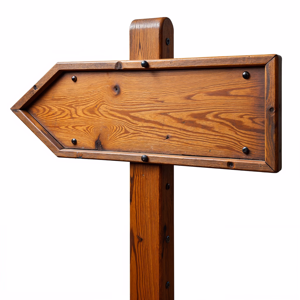 Rustic wooden arrow sign with natural grain patterns and screws.