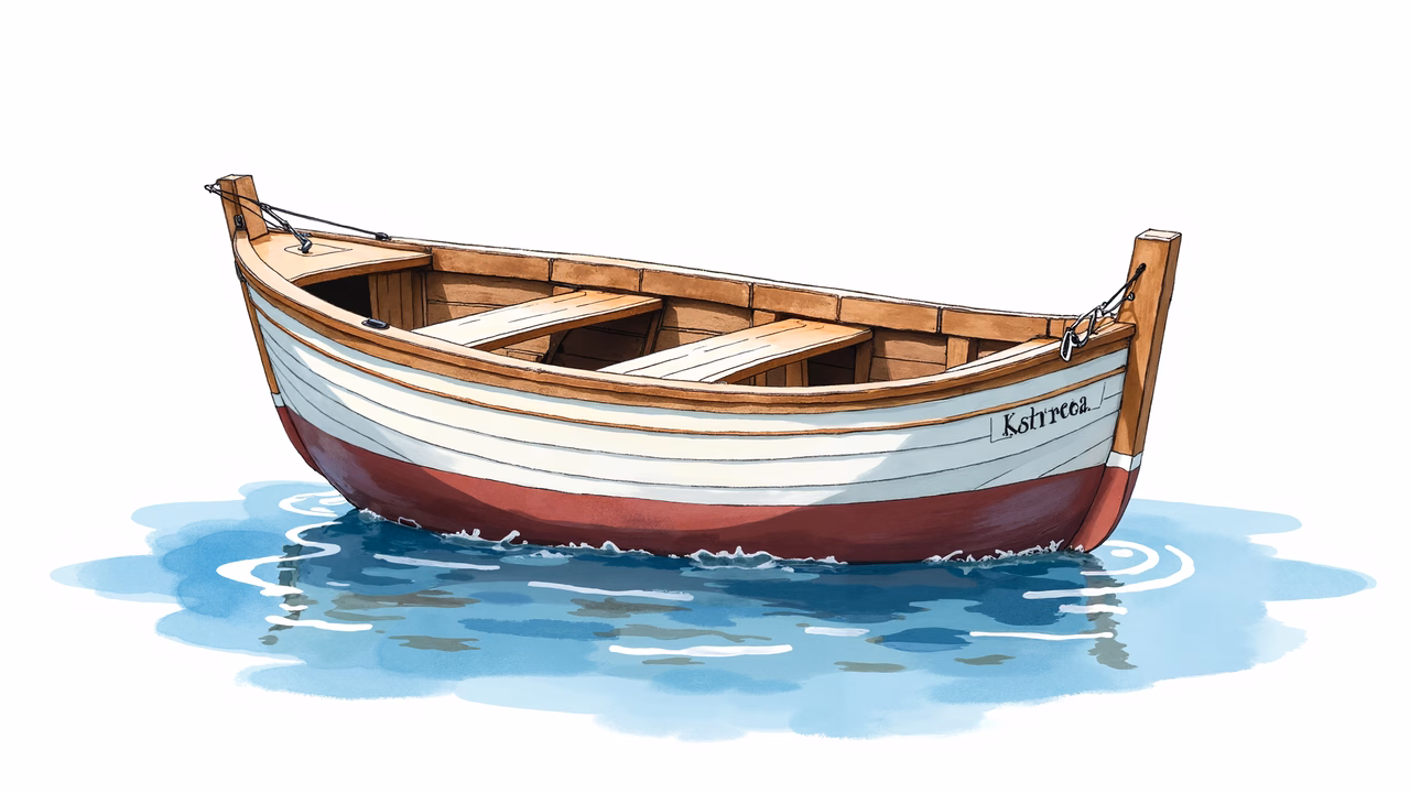 A peaceful wooden boat illustration with a classic design and serene atmosphere.