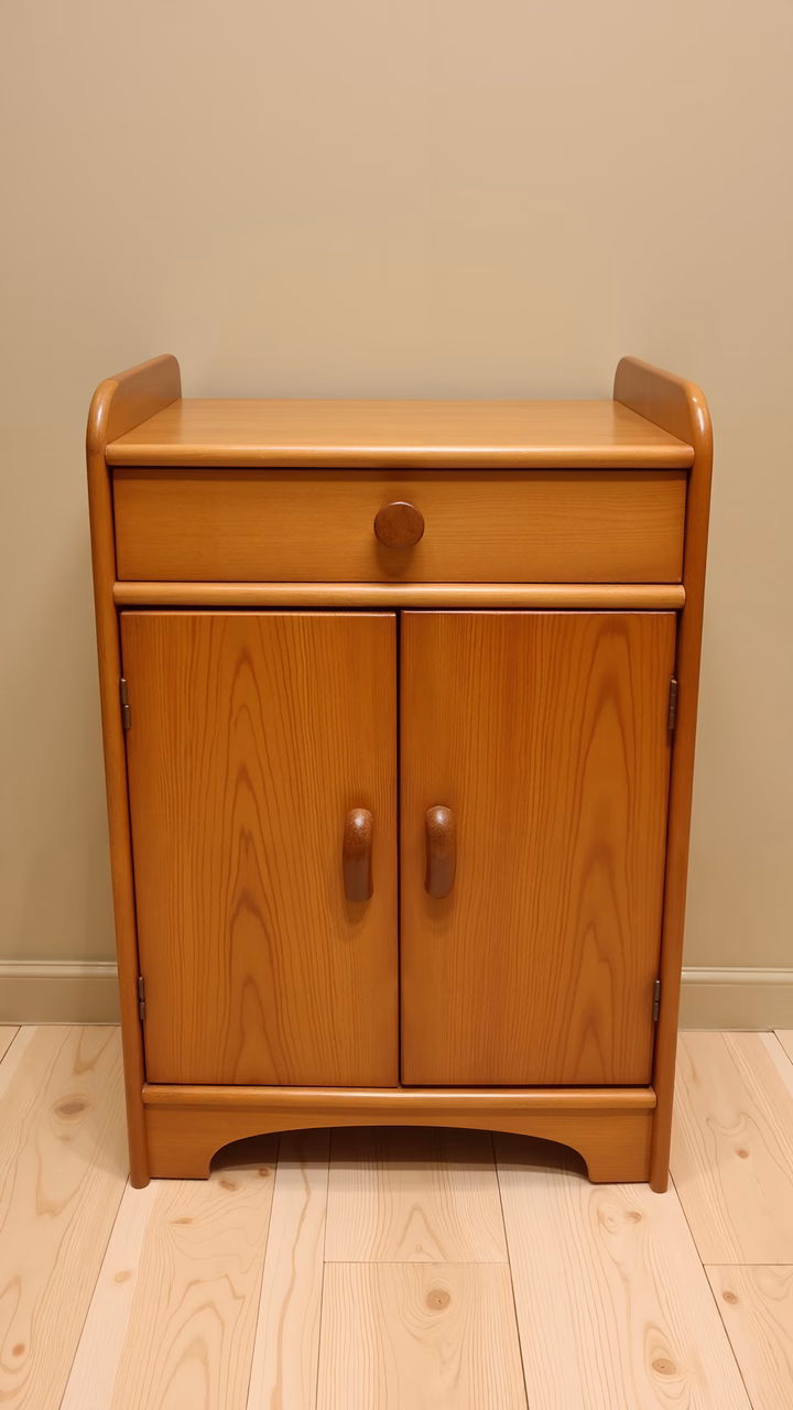 A minimalist wooden cabinet with light finish and rounded handles against a neutral background.