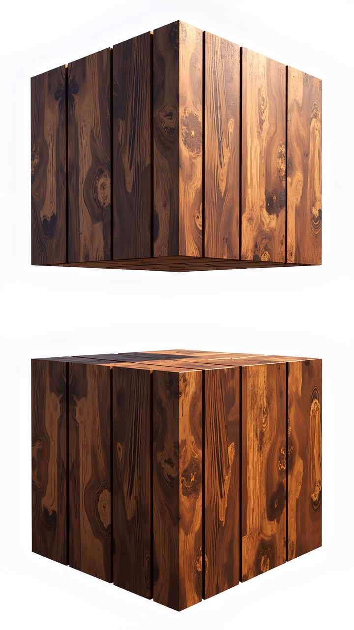 Symmetrical wooden cube composition with rich grain textures on a white background.