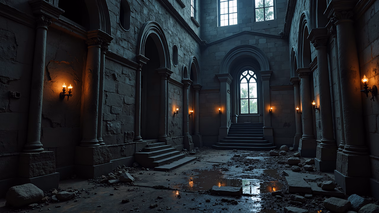 A dark, atmospheric illustration of an abandoned Gothic chapel with candlelit decay and scattered debris.