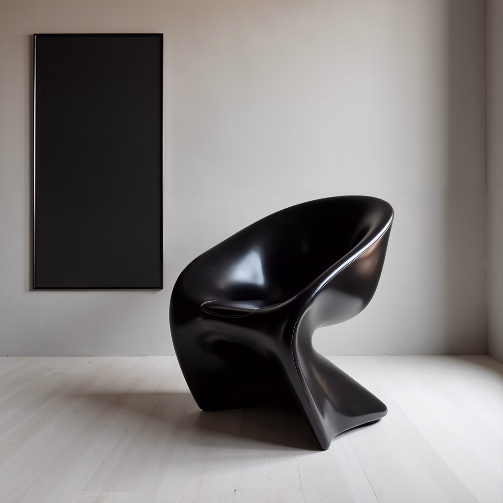 Glossy black chair with minimalist design in a modern interior setting.