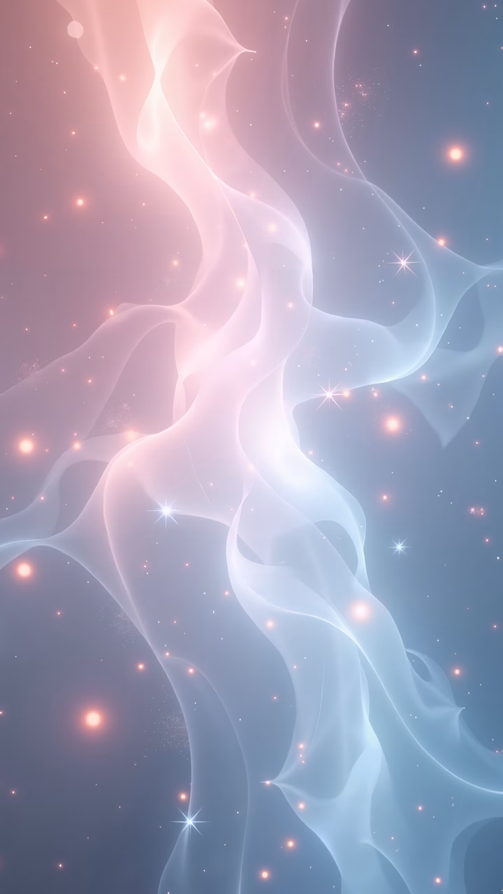 Soft pastel waves with sparkling stars create a tranquil abstract scene.