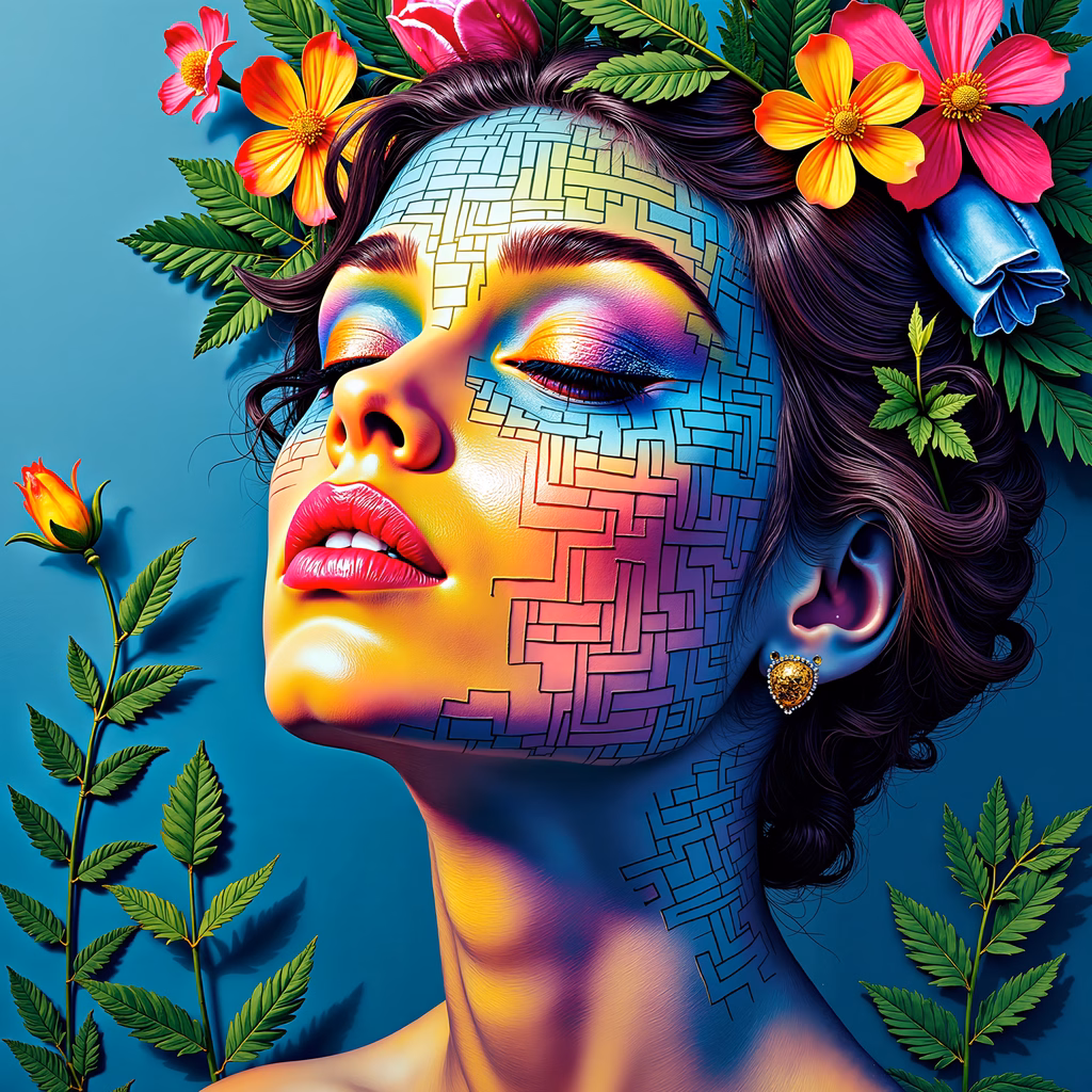 Vibrant abstract portrait with floral elements and geometric patterns.