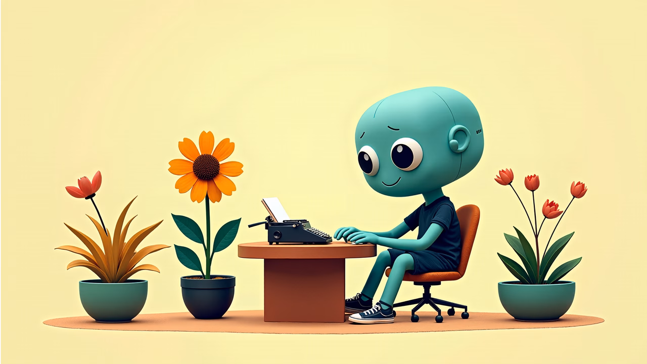 A cute alien writer surrounded by colorful flowers in a cozy indoor setting.