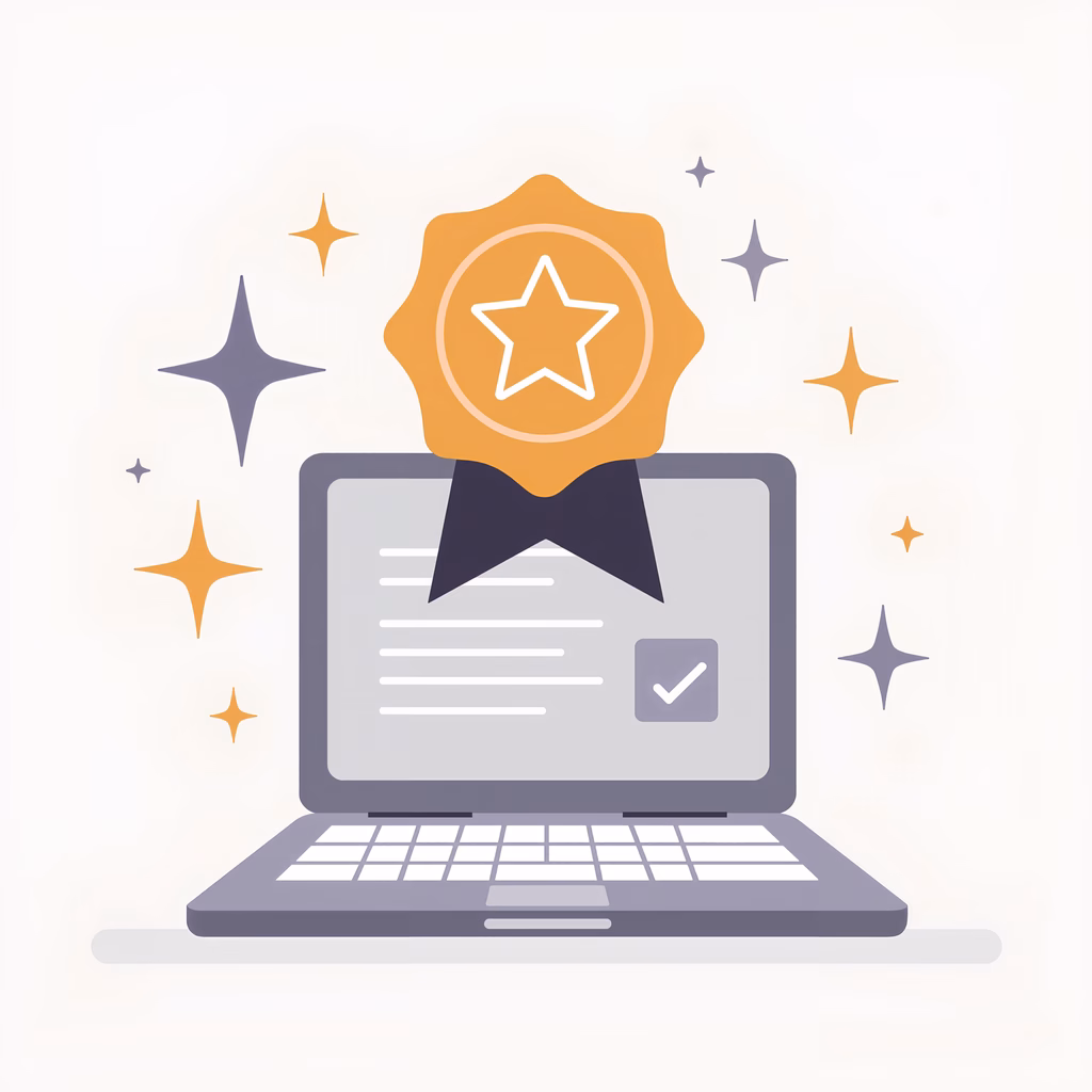 Celebratory laptop with golden seal and checkmark, symbolizing approval.