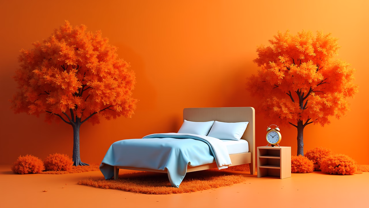 A serene autumn-themed bedroom with vibrant colors and classic details.