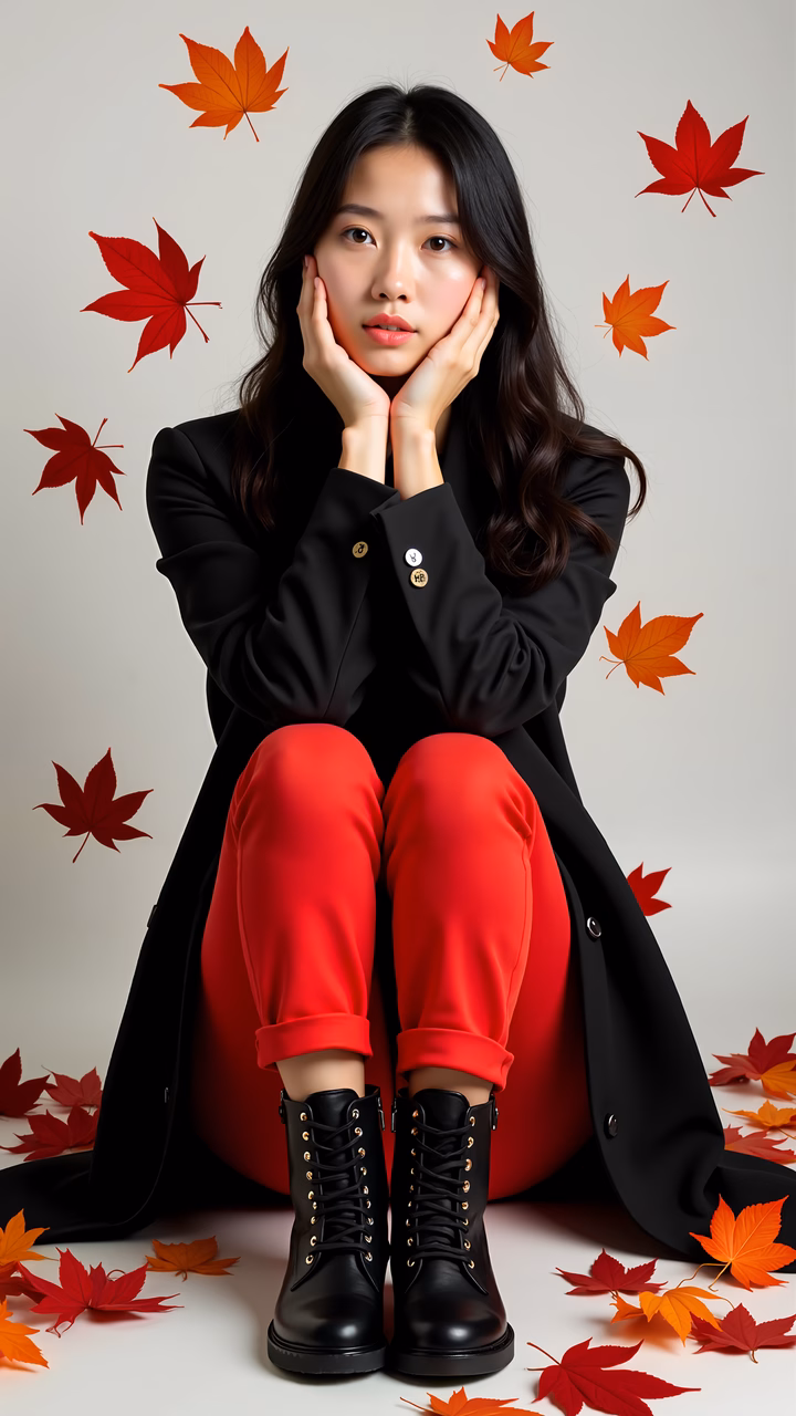Autumn fashion portrait with red and black tones.