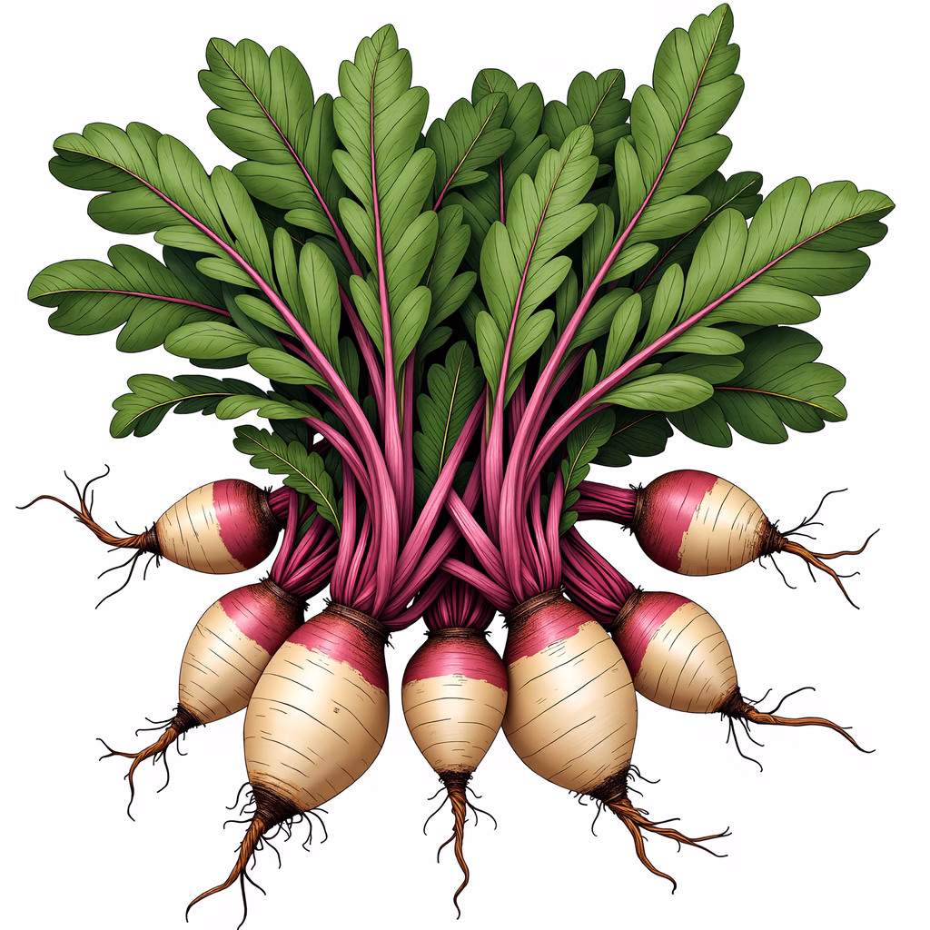 Detailed illustration of fresh beetroot with vibrant green leaves and earthy tones.