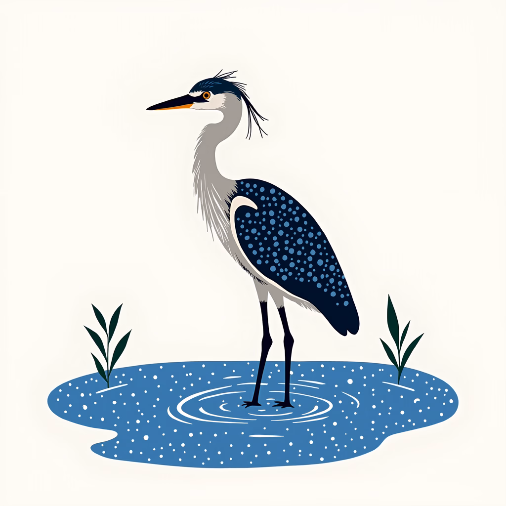 Graceful blue heron standing in a tranquil pool of water, detailed illustration.