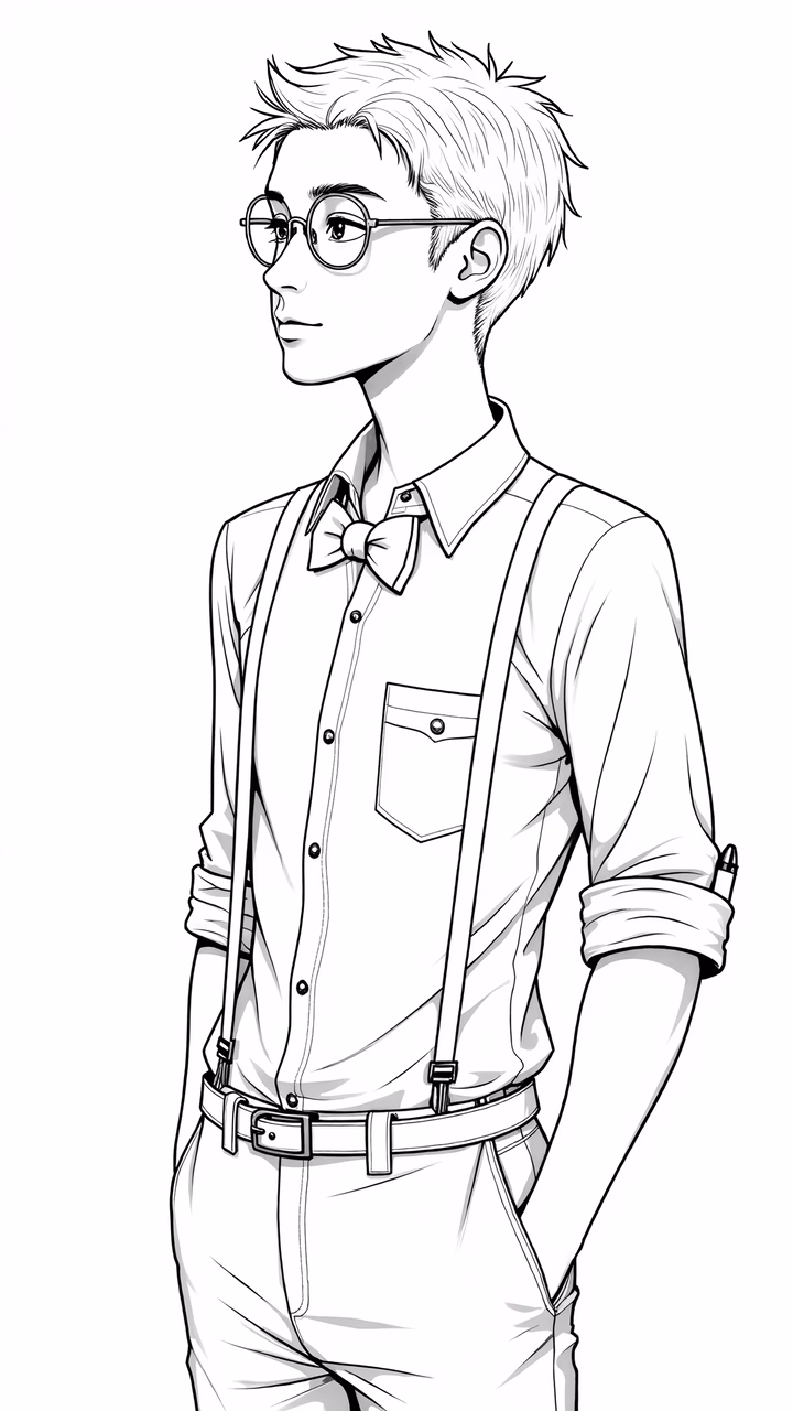 Black-and-white illustration of a boy in formal attire, exuding confidence and youth.