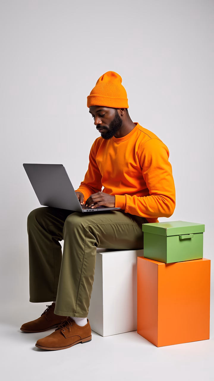 Vibrant fashion photo of a man working in bright orange and green tones.