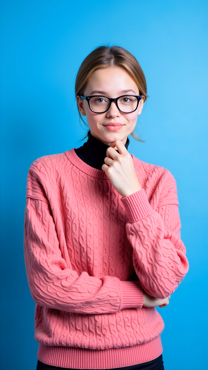 Bright pink sweater portrait against a blue background, fashion photography.
