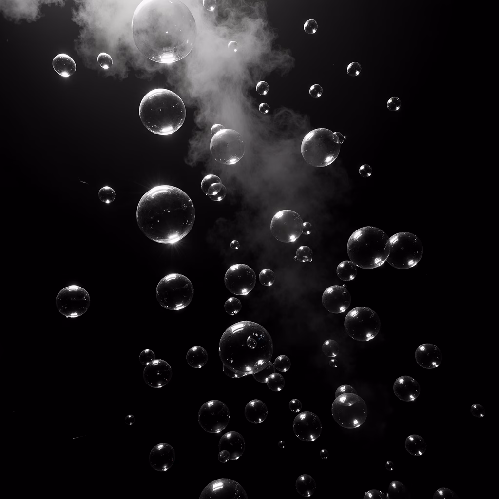 Black-and-white photo of glowing bubbles against a dark background, evoking mystery and wonder.