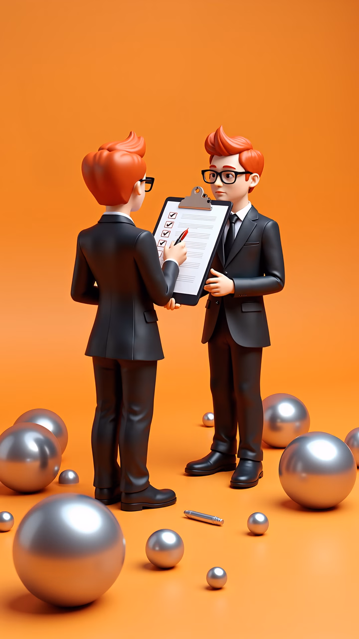 Two business partners discussing over a clipboard in a modern, professional setting with metallic spheres.