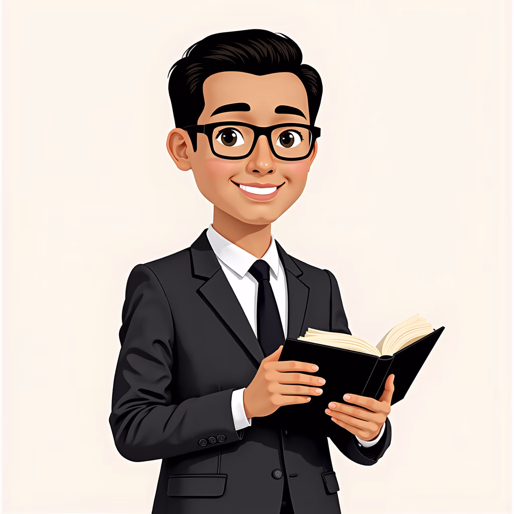 A smiling businessman in a suit reading a book, symbolizing knowledge and professionalism.