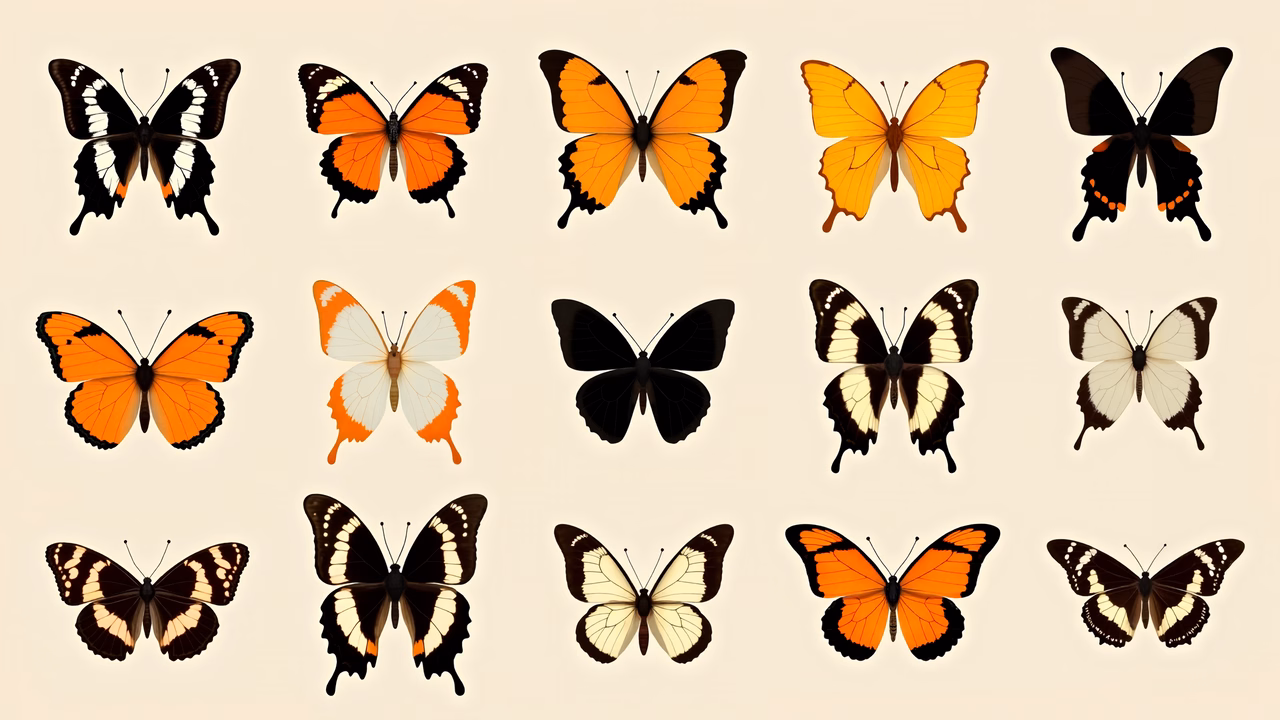 A stunning collection of colorful butterflies on a beige background.