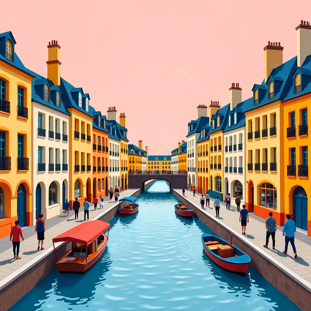 A lively canal scene with colorful buildings and serene waterways.
