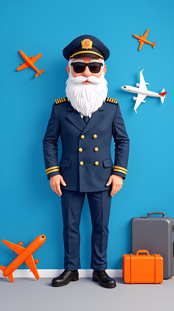 A captain's journey through the skies, depicted in a playful and sophisticated illustration.
